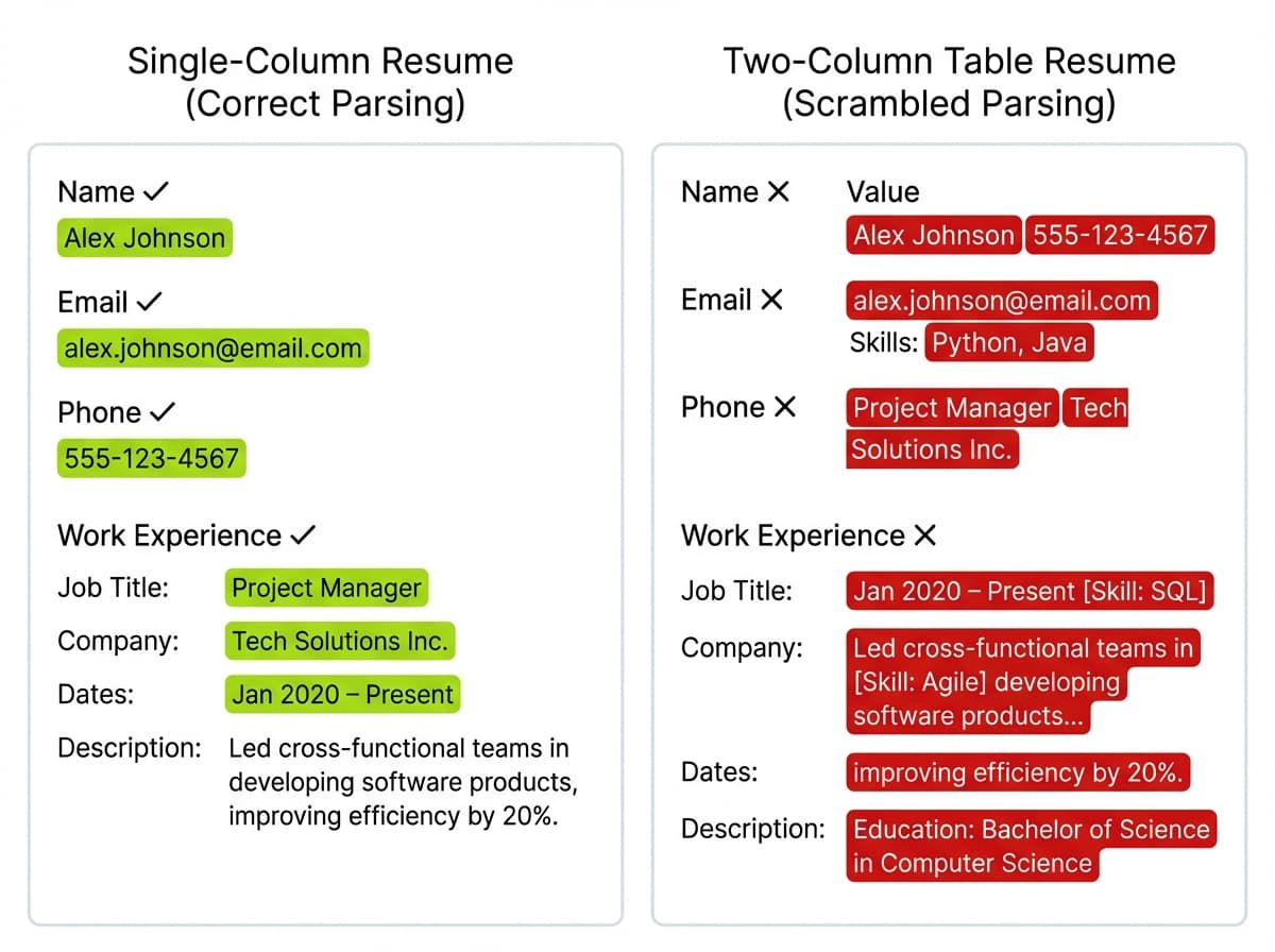Side-by-side comparison showing how ATS correctly parses a single-column resume versus scrambling data from a two-column table-based layout.