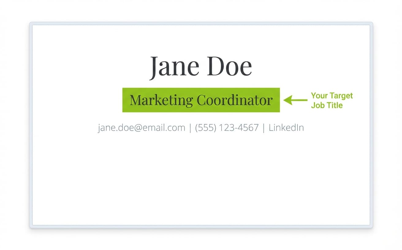 Infographic showing a resume header layout with name, target job title highlighted in green, and contact information, demonstrating where the job title appears on a resume
