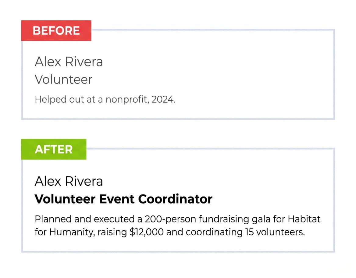 Before and after comparison of resume headers showing a vague volunteer title transformed into a specific Volunteer Event Coordinator title with measurable achievements