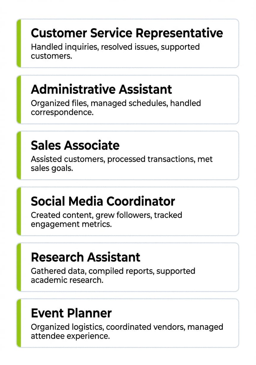 Six stacked cards showing entry-level job titles for resumes including Customer Service Representative, Administrative Assistant, Sales Associate, Social Media Coordinator, Research Assistant, and Event Planner, each with a brief description of typical responsibilities