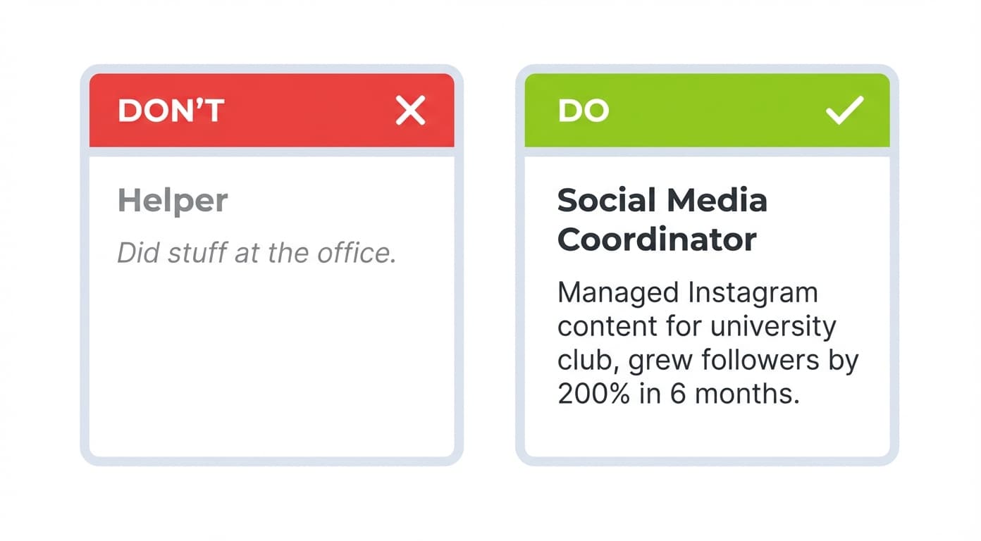 Do and don't comparison for resume job titles showing a vague title like Helper versus a strong specific title like Social Media Coordinator with measurable results