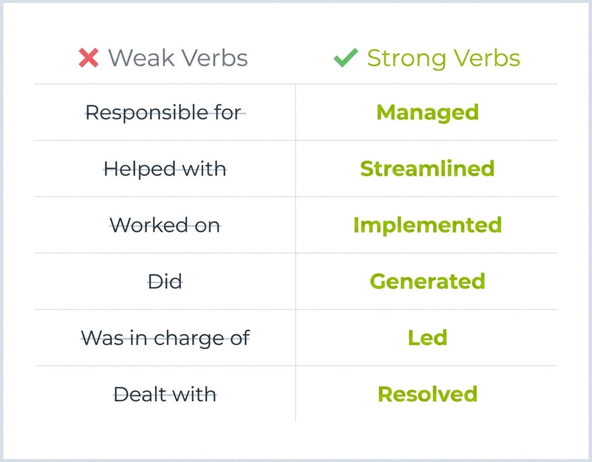 Comparison chart showing six weak resume verbs on the left in grey crossed out and their strong replacement verbs on the right in lime-green for retail resume bullet points