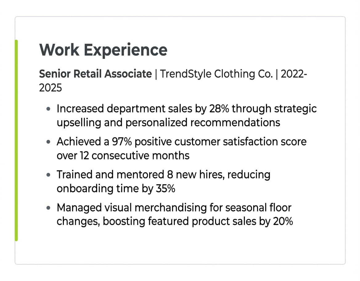 Mock resume snippet showing a retail sales associate work experience section with four polished bullet points featuring quantified achievements and strong action verbs