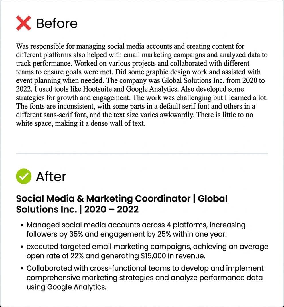 Before and after comparison showing a cluttered poorly formatted retail resume section on top and a clean professionally formatted version on the bottom with clear headings and concise bullet points