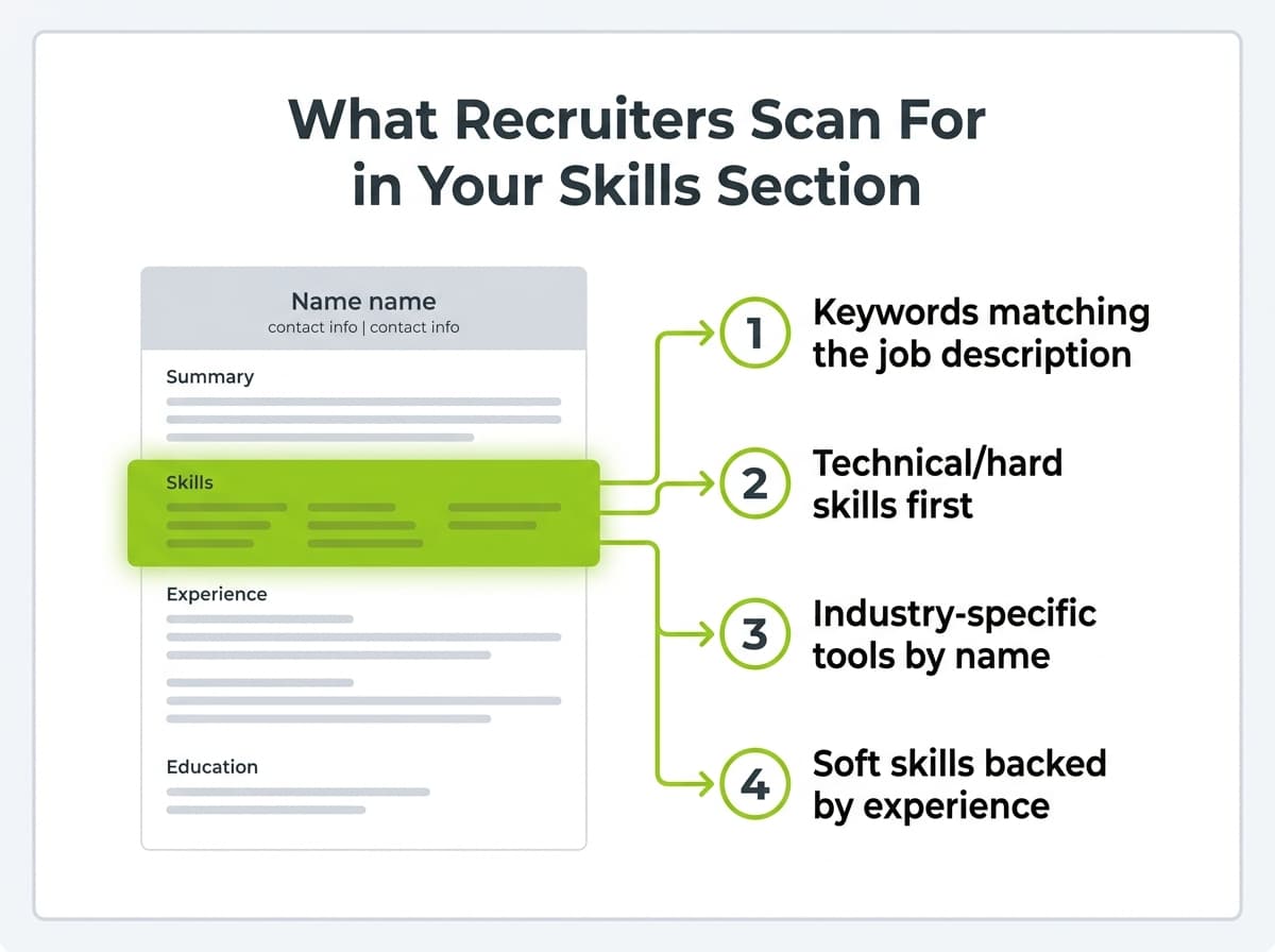 Infographic showing what hiring managers scan for in a resume skills section including keywords, technical skills, and soft skills alignment