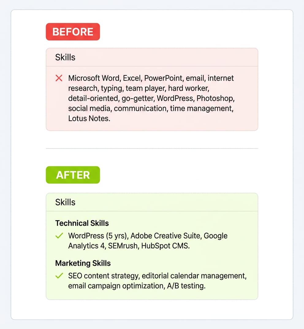 Before and after comparison of a resume skills section showing a generic version with red marks versus a tailored ATS-optimized version with green checkmarks