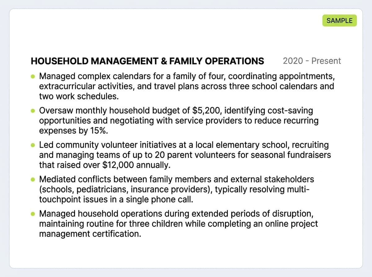 A resume mockup showing the five sample bullet points under a Household Management and Family Operations heading with dates 2020 to present, demonstrating how each bullet starts with a strong action verb and includes quantifiable details like family size, budget amounts, team size, and fundraising totals.