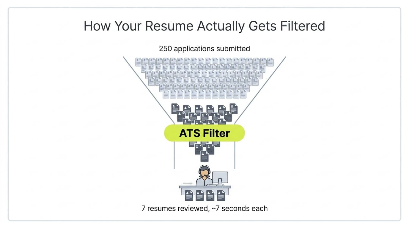 Funnel diagram showing how 250 resume applications get filtered by an Applicant Tracking System down to 7 resumes actually reviewed by a recruiter