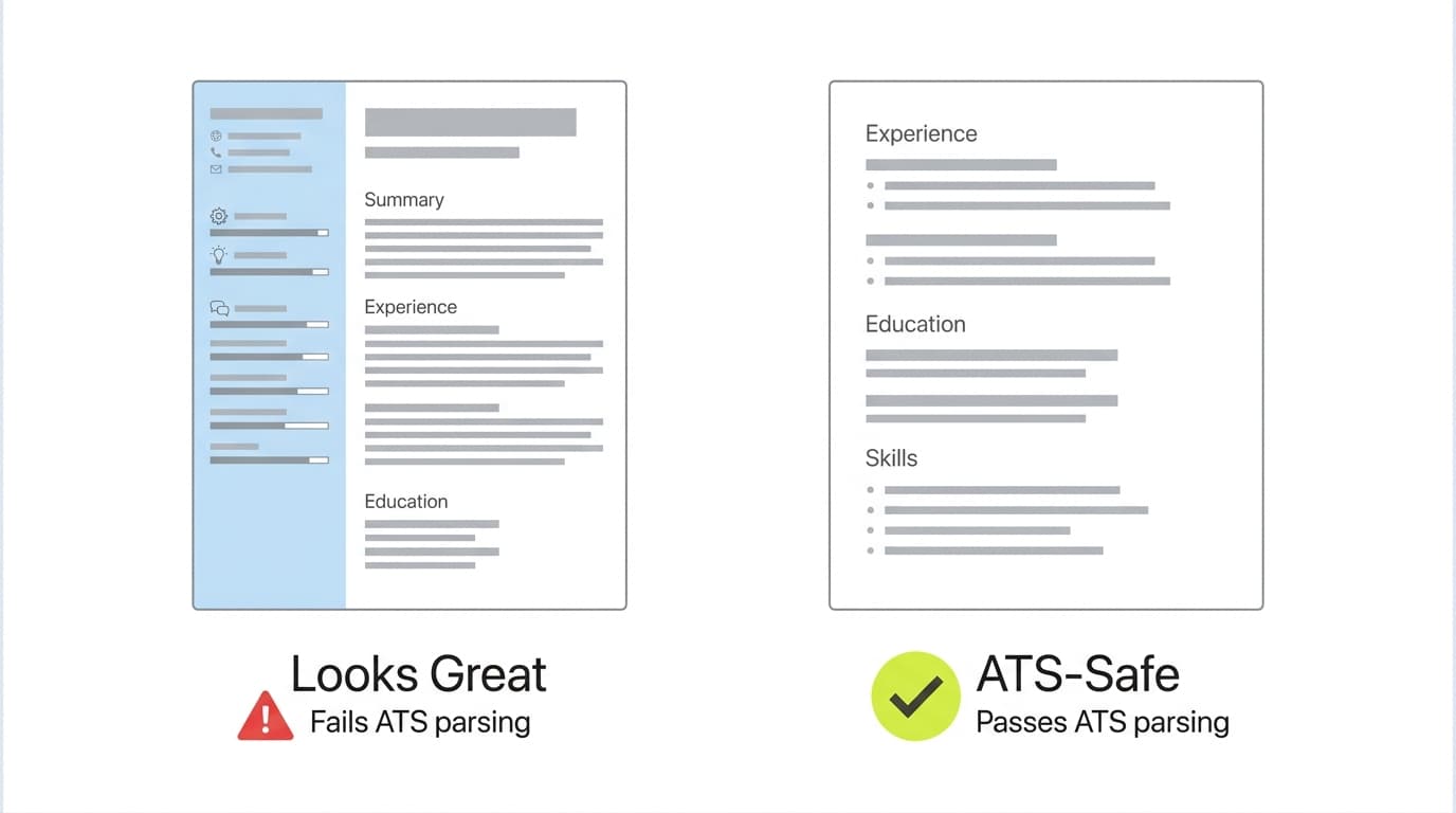 Side by side comparison of a two-column creative resume that fails ATS parsing and a single-column clean resume that passes ATS parsing