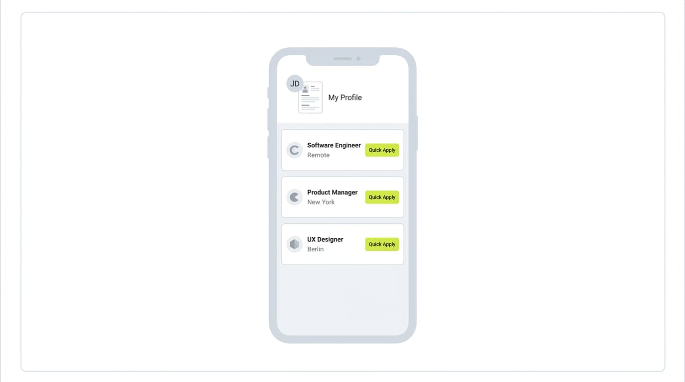 Phone screen showing three job listings with quick apply buttons and a resume preview, illustrating native job platform resume builders