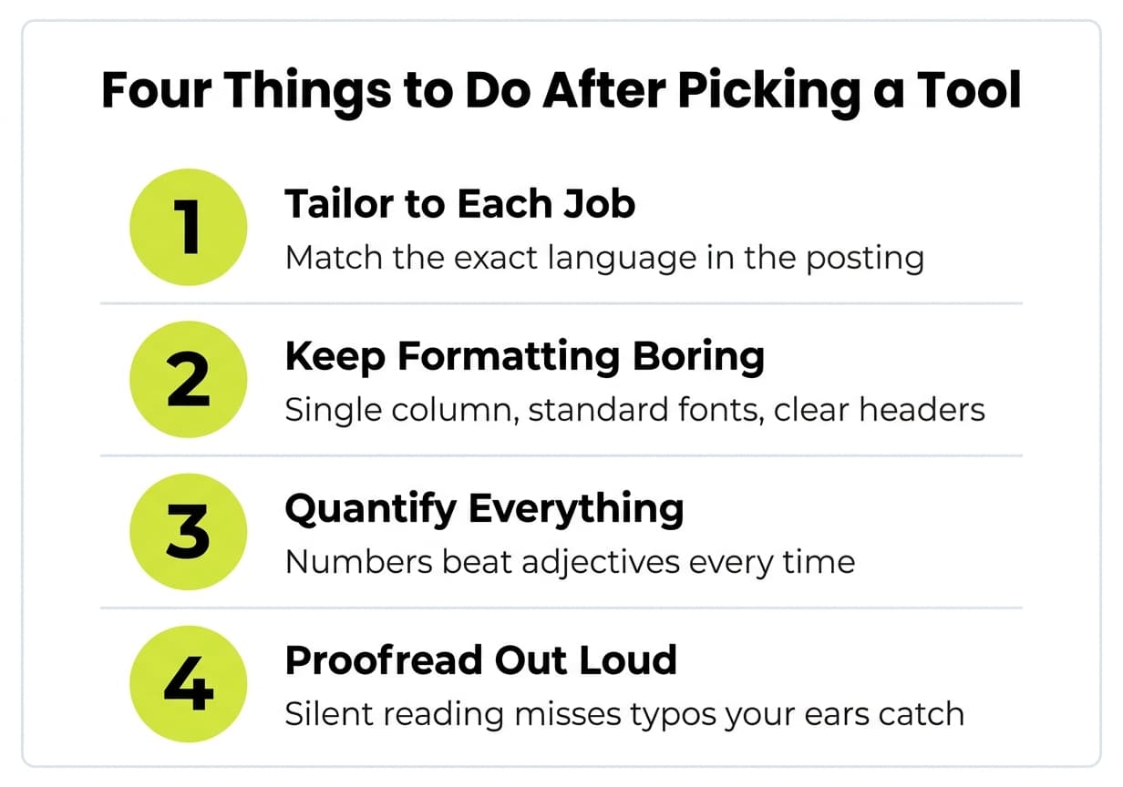 Four resume improvement tips listed vertically: tailor to each job, keep formatting boring, quantify everything, proofread out loud