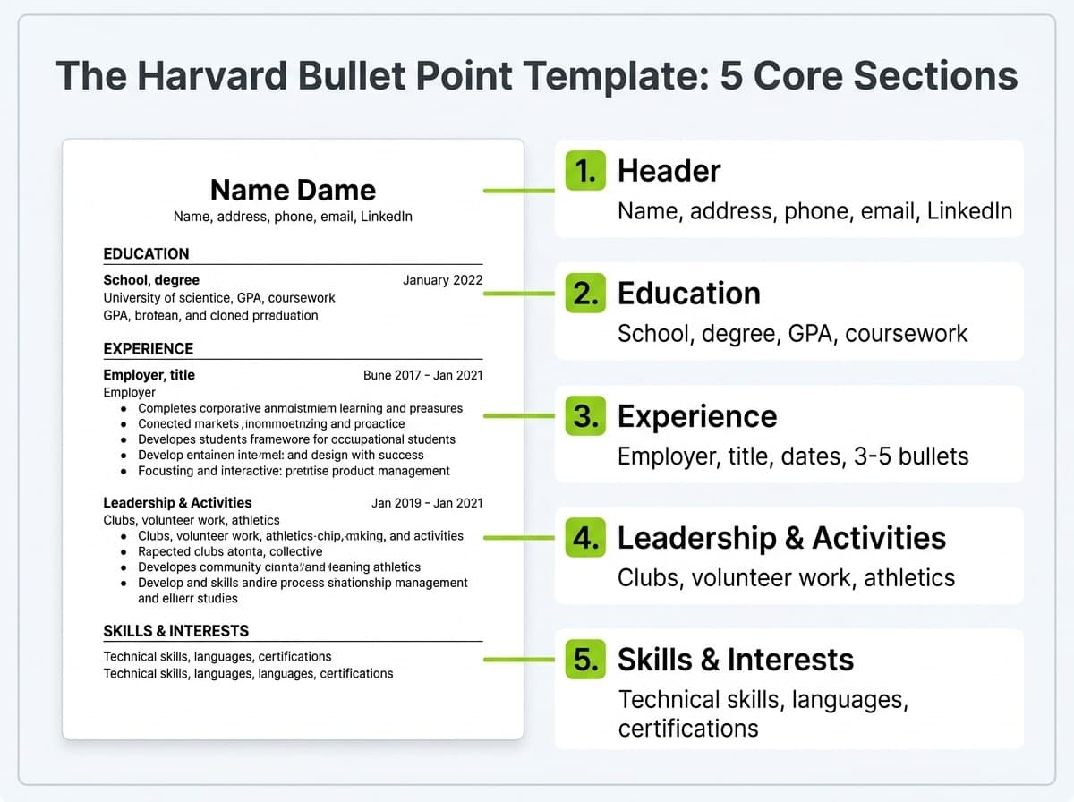 Anatomy of the Harvard College Bullet Point Resume Template showing the five core sections in order: Header, Education, Experience, Leadership and Activities, and Skills and Interests