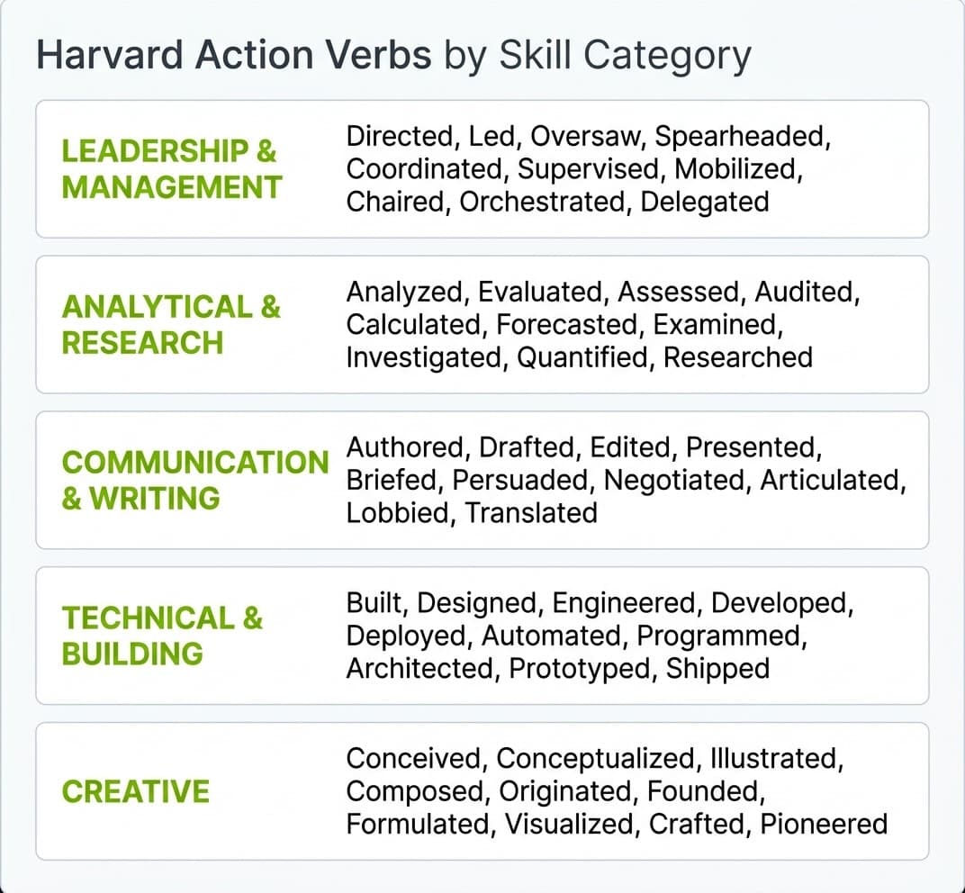 Five categorized lists of action verbs for resume bullets organized by skill type: Leadership and Management, Analytical and Research, Communication and Writing, Technical and Building, and Creative
