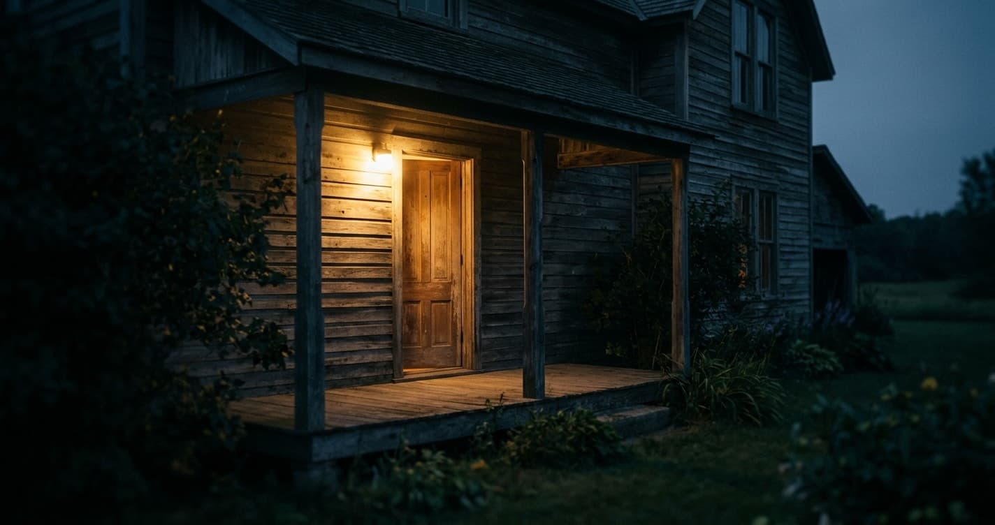 A single warm porch light glowing in the dusk against the cool blue shadow of a wooden house