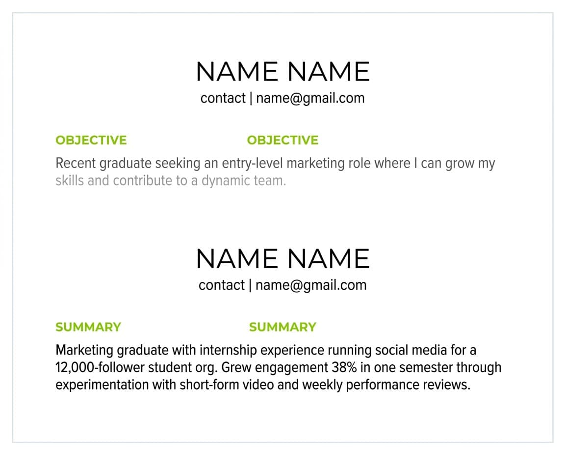 Side-by-side resume header mockup showing a generic objective statement above a sharper, quantified professional summary