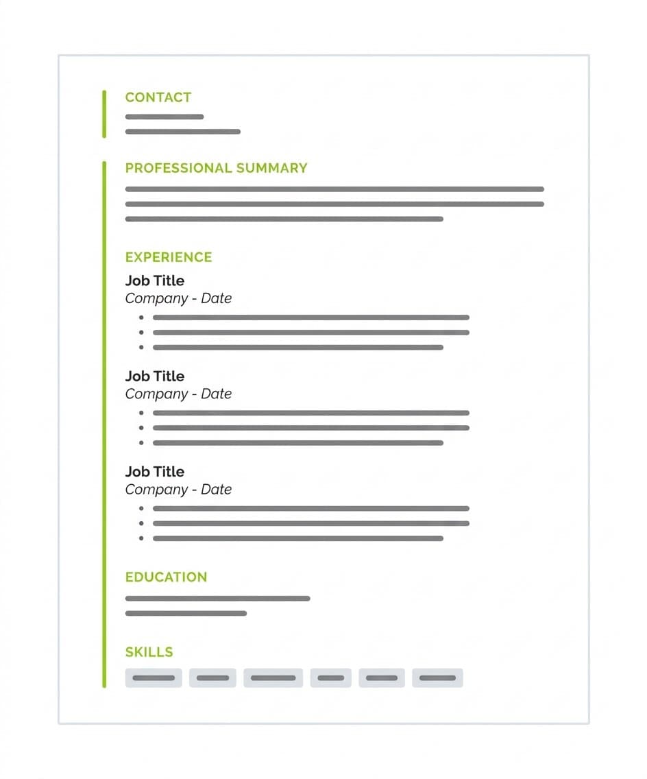 Mockup of a single-column chronological resume showing labeled sections stacked top to bottom: contact information, professional summary, experience with three dated job blocks, education, and a skills row.