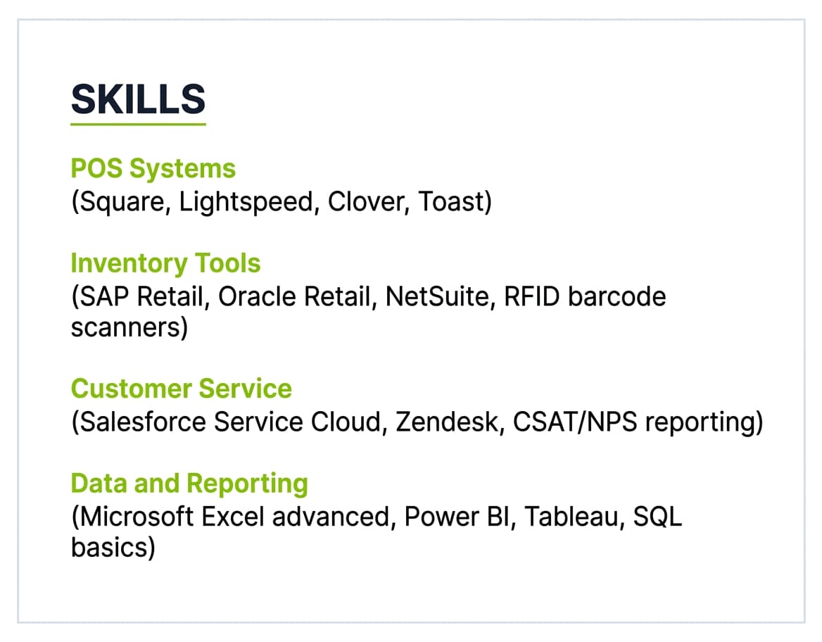 A mockup of a resume Skills section organized into four categories (POS Systems, Inventory Tools, Customer Service, Data and Reporting) with specific platform names listed under each, on a white background with a light grey border and lime green category labels.