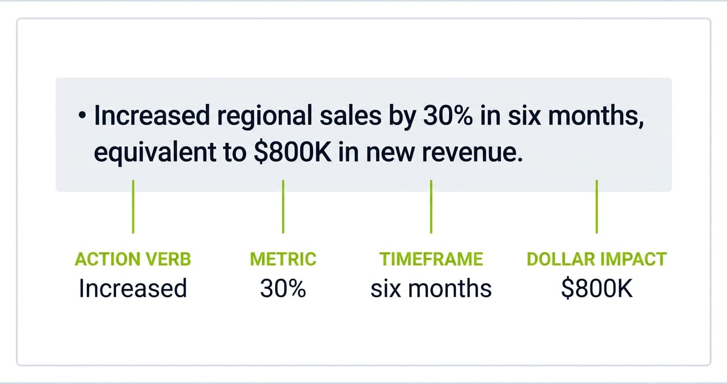 A single strong resume bullet at the top reading "Increased regional sales by 30% in six months, equivalent to $800K in new revenue," with four labeled callouts below identifying its structural parts: action verb, metric, timeframe, and dollar impact.