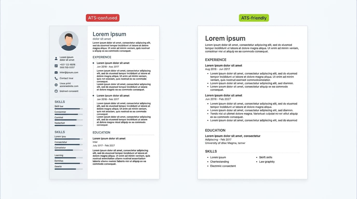 Side-by-side comparison of a two-column resume with graphics that breaks ATS parsing versus a clean single-column resume that parses correctly