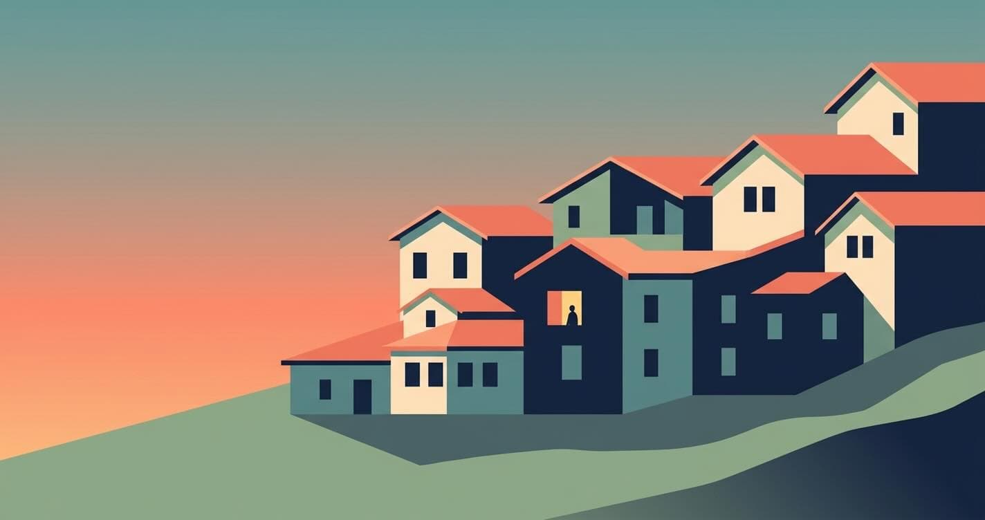 A flat vector illustration of a simplified Himachal hillside village at dusk, with one warmly lit window glowing among many dark houses and a small silhouetted figure inside, under a coral-to-teal sky.