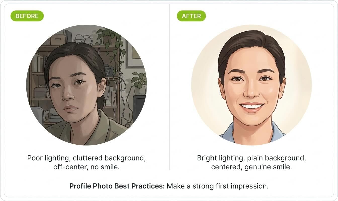 A before-and-after comparison showing a dim, cluttered, off-center LinkedIn profile photo on the left and a bright, centered headshot with a genuine smile filling the circular frame on the right.