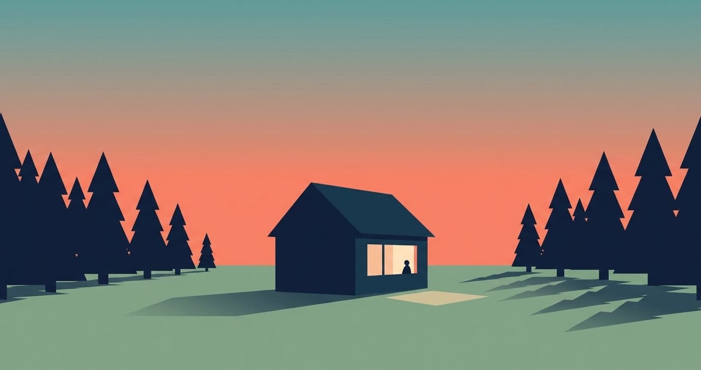 A flat vector illustration of a single small cabin in a forest clearing at dusk, one window glowing warm yellow with a small silhouetted figure inside, under a coral-to-teal sky with long sage-green shadows.