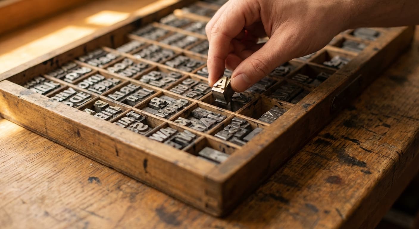 A hand lifting a single lead letterpress block from a wooden typesetter's tray filled with metal letter blocks, lit by warm directional light on an oak workbench.