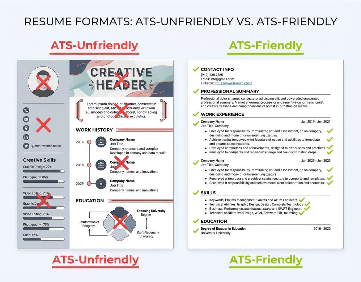 Side-by-side comparison of an ATS-unfriendly resume with columns, icons, and graphics versus an ATS-friendly single-column resume with standard headings and clean formatting