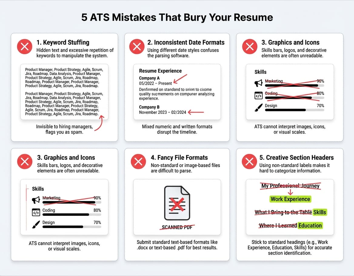 Infographic listing five common ATS mistakes: keyword stuffing, inconsistent date formats, graphics and icons, non-readable file formats, and creative section headers, with visual examples of each error