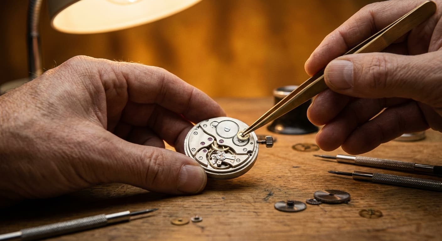 Close-up of a watchmaker's hands holding a tiny brass gear with tweezers over a partially assembled watch movement on a worn oak workbench, lit by warm directional light.