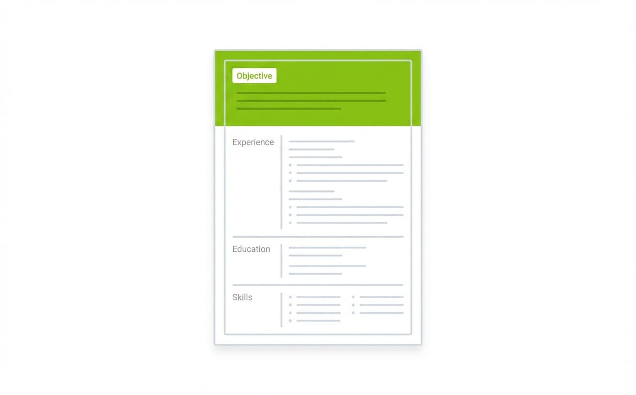 Flat-lay illustration of a single-page resume with the objective statement section highlighted in lime green at the top of the document.