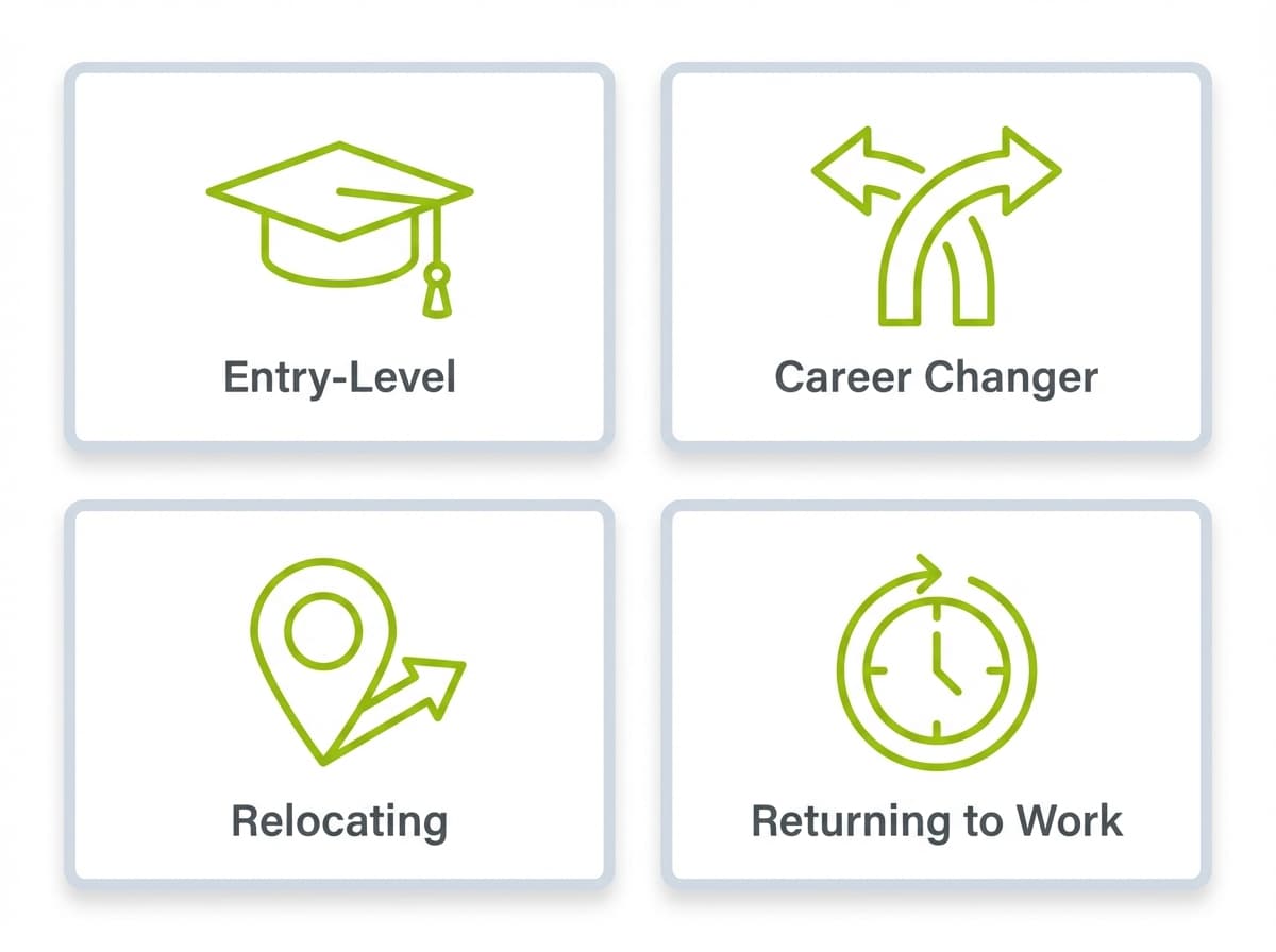 Four icon cards showing the four scenarios where a resume objective is recommended: entry-level, career change, relocating, and returning to work.