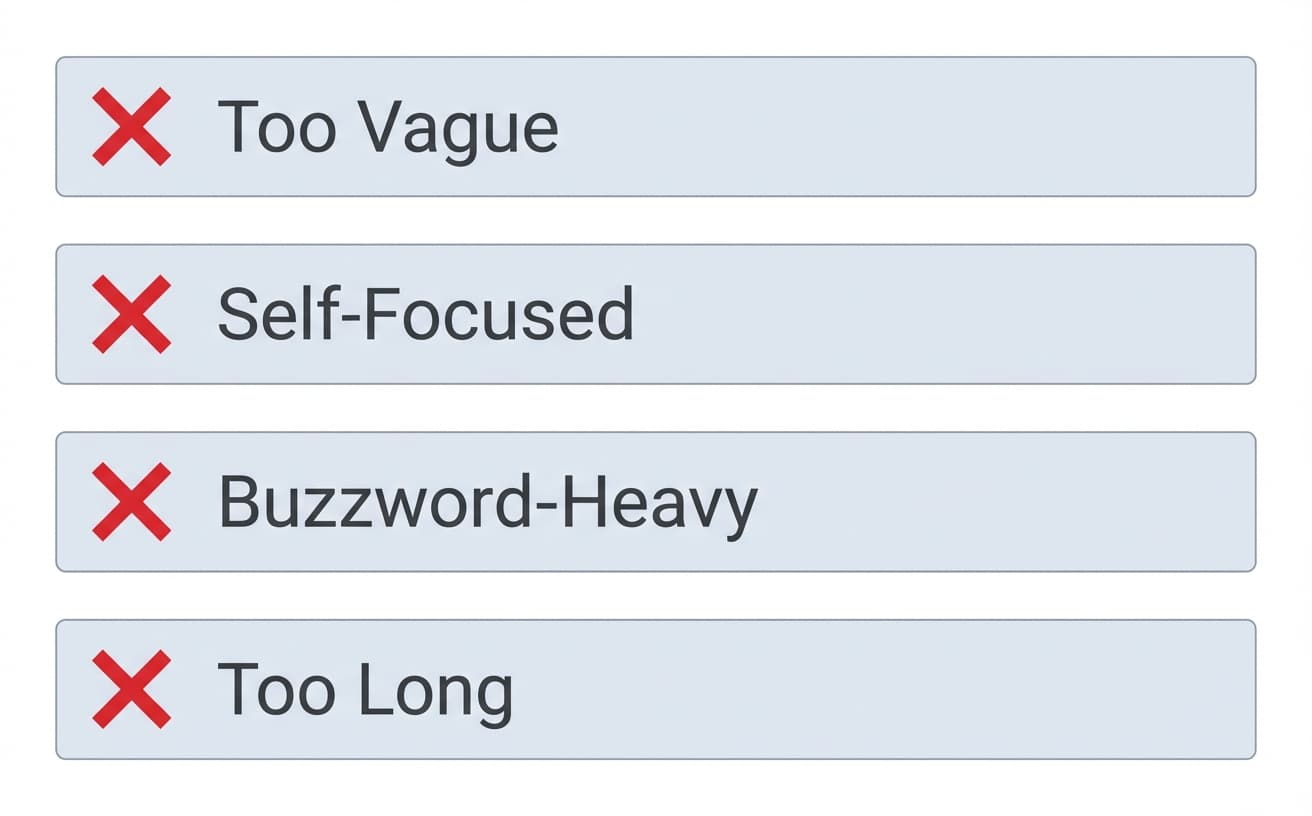 Four horizontal cards listing common resume objective mistakes: too vague, self-focused, buzzword-heavy, and too long, each marked with a red X icon.