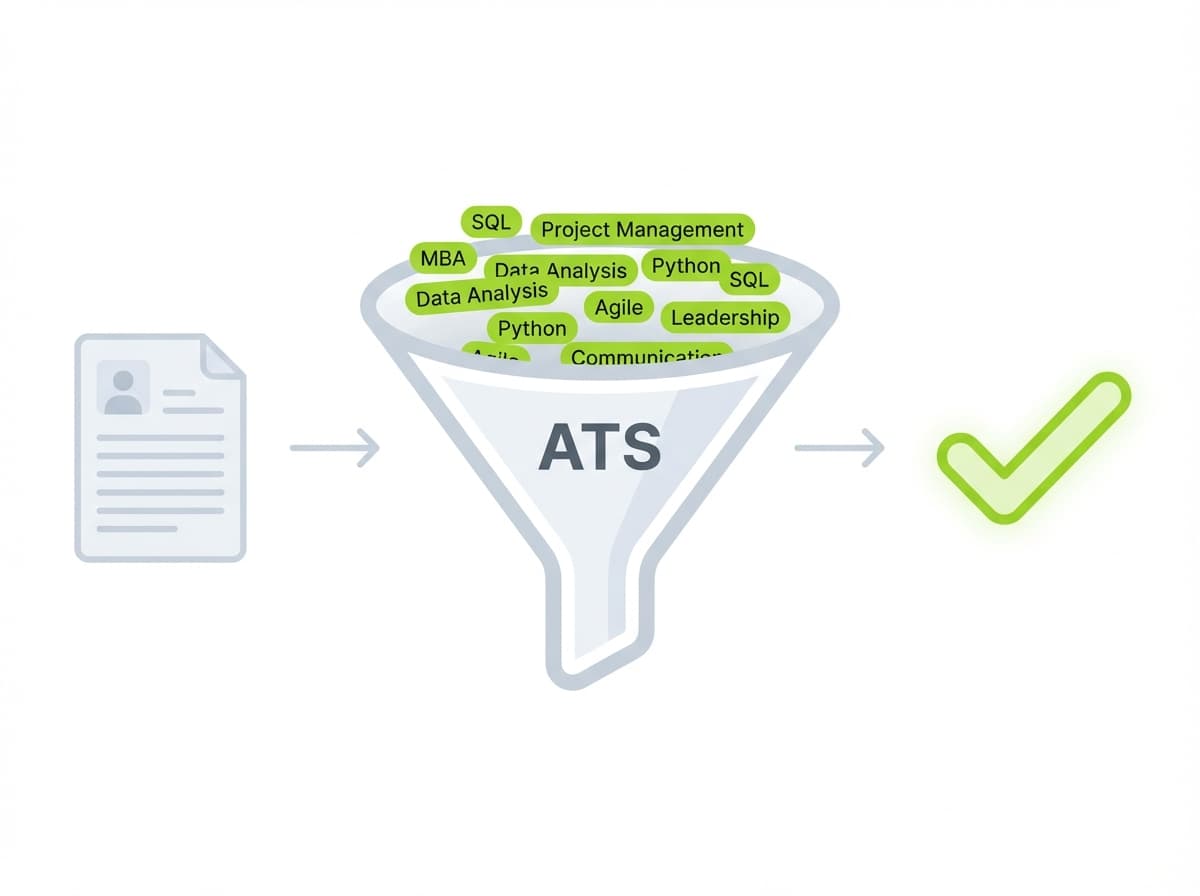 Illustrated diagram of a resume passing through an ATS funnel with floating keyword labels, emerging with a green checkmark on the other side.