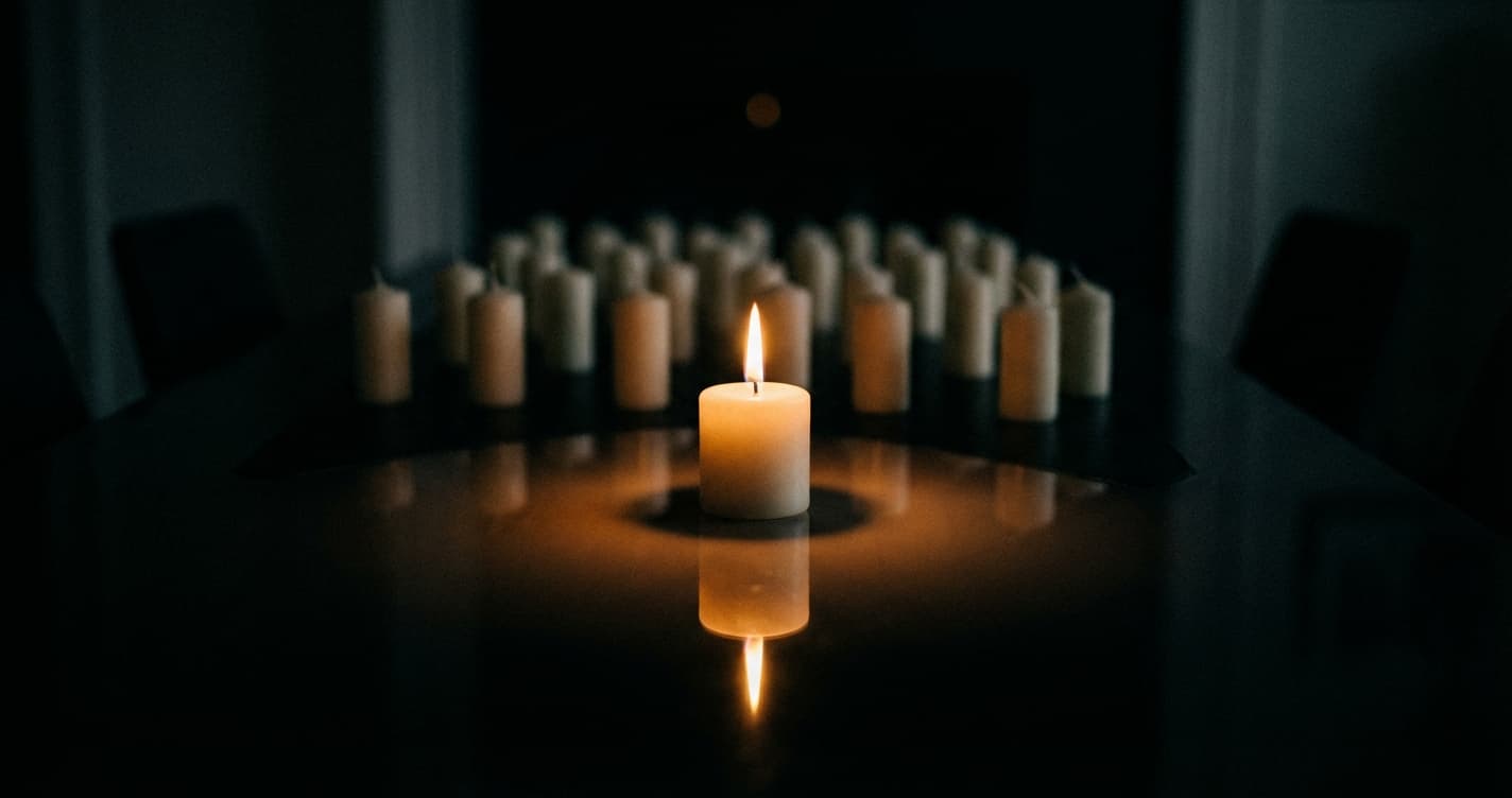 A single lit candle on a dark polished surface with rows of unlit candles blurred in the background in a dimly lit room.