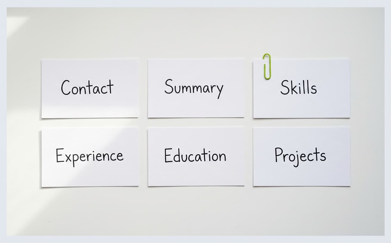 Six index cards labeled Contact, Summary, Skills, Experience, Education, and Projects arranged in a grid on a white desk with a green paper clip on the Skills card.