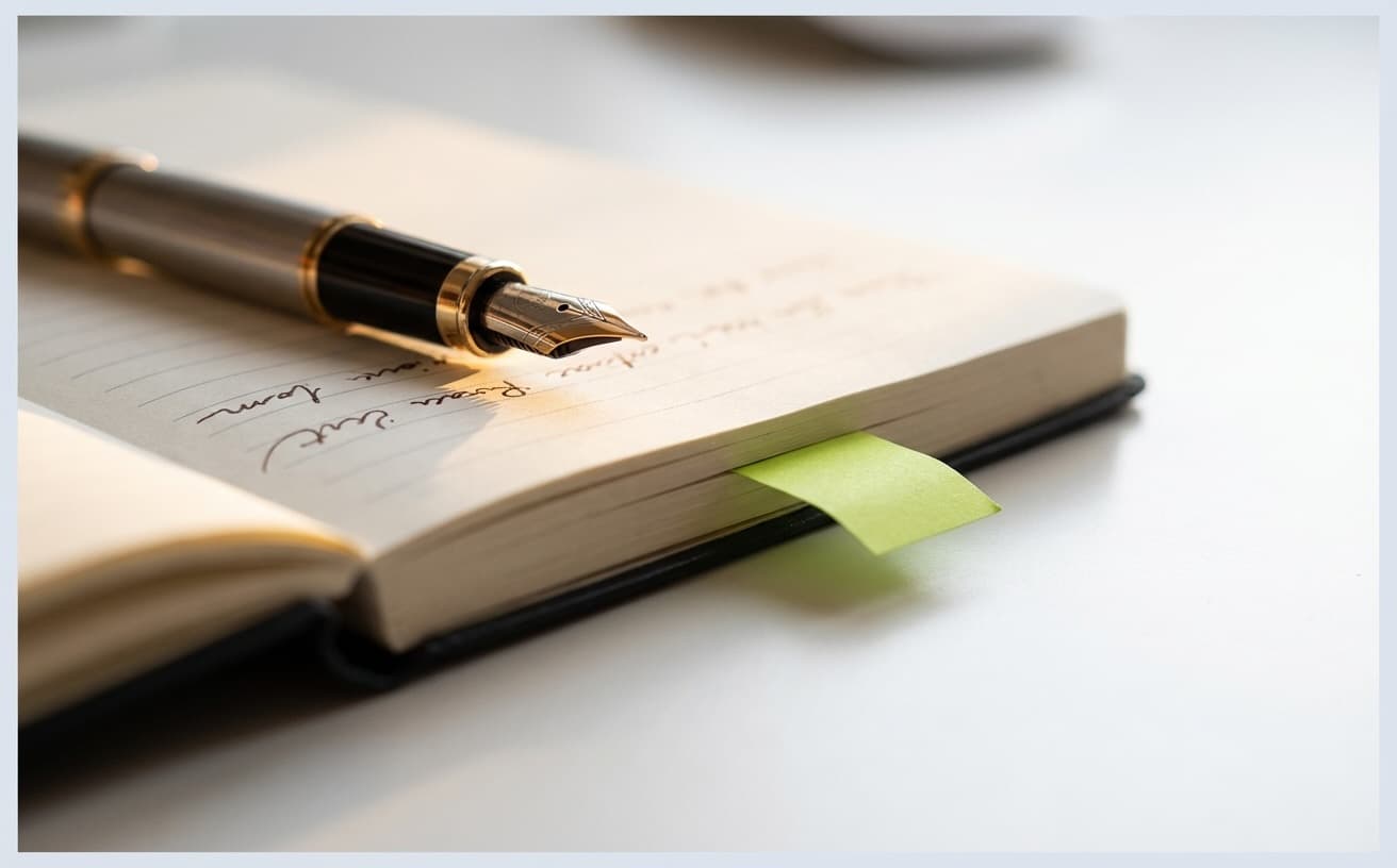Fountain pen resting on a ruled notebook with a small green sticky note between pages on a white desk under warm light.
