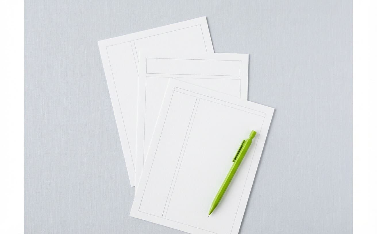 Three fanned-out blank paper sheets with faint pencil layout sketches and a green mechanical pencil on a light grey surface.