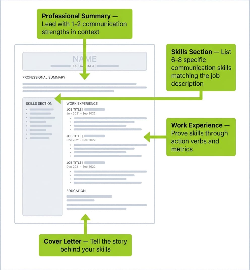 Resume wireframe showing four locations to include communication skills: professional summary at the top, skills section, work experience in the middle, and cover letter as a companion document