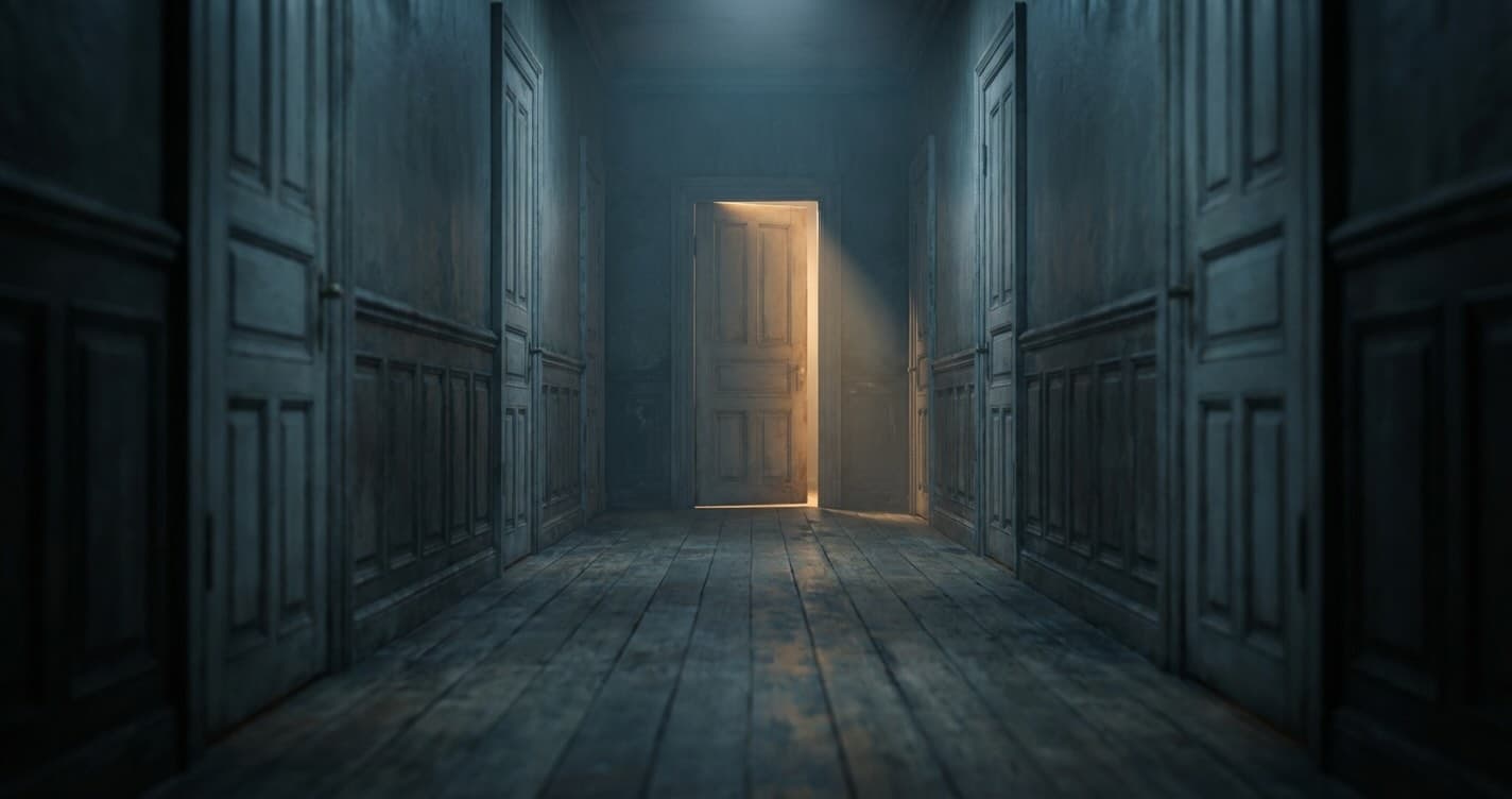A dimly lit hallway with many closed doors and one door at the far end open with warm light spilling through