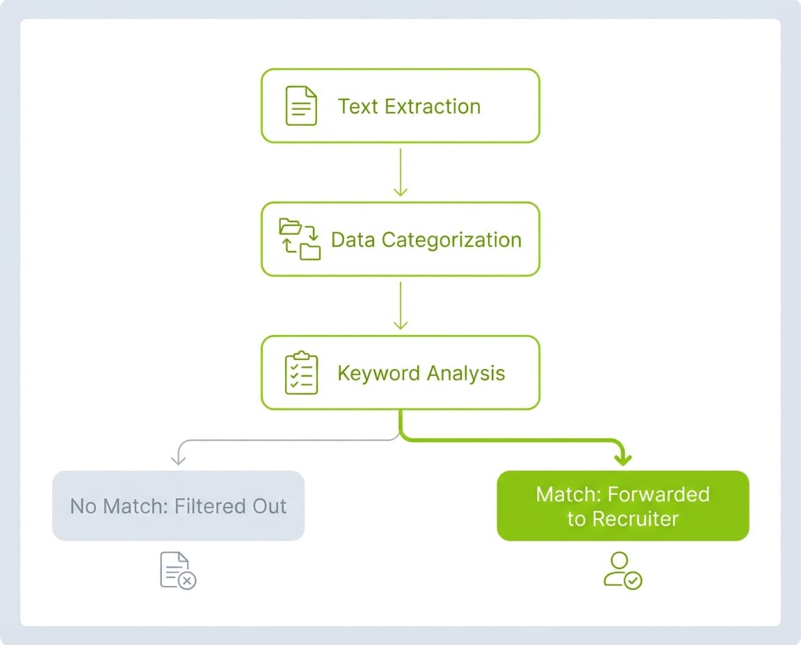 Flowchart showing three stages of ATS resume processing: text extraction, data categorization, and keyword analysis, with pass and fail outcomes.