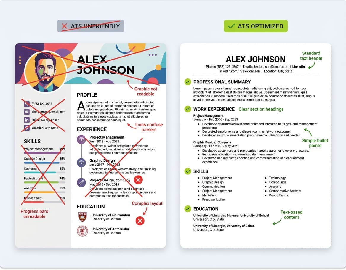 Comparison of a creative two-column resume layout with problematic elements marked versus a clean single-column ATS-optimized resume layout with approved formatting.