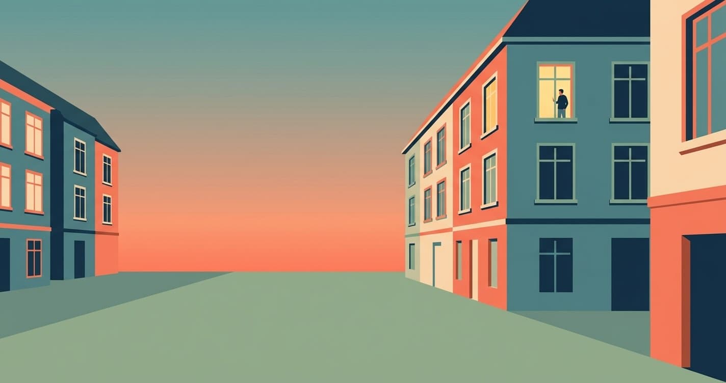 A quiet European plaza at golden-hour dusk with two apartment buildings flanking an open square; one upper-floor window in the corner building glows warmly with a small silhouetted figure inside.