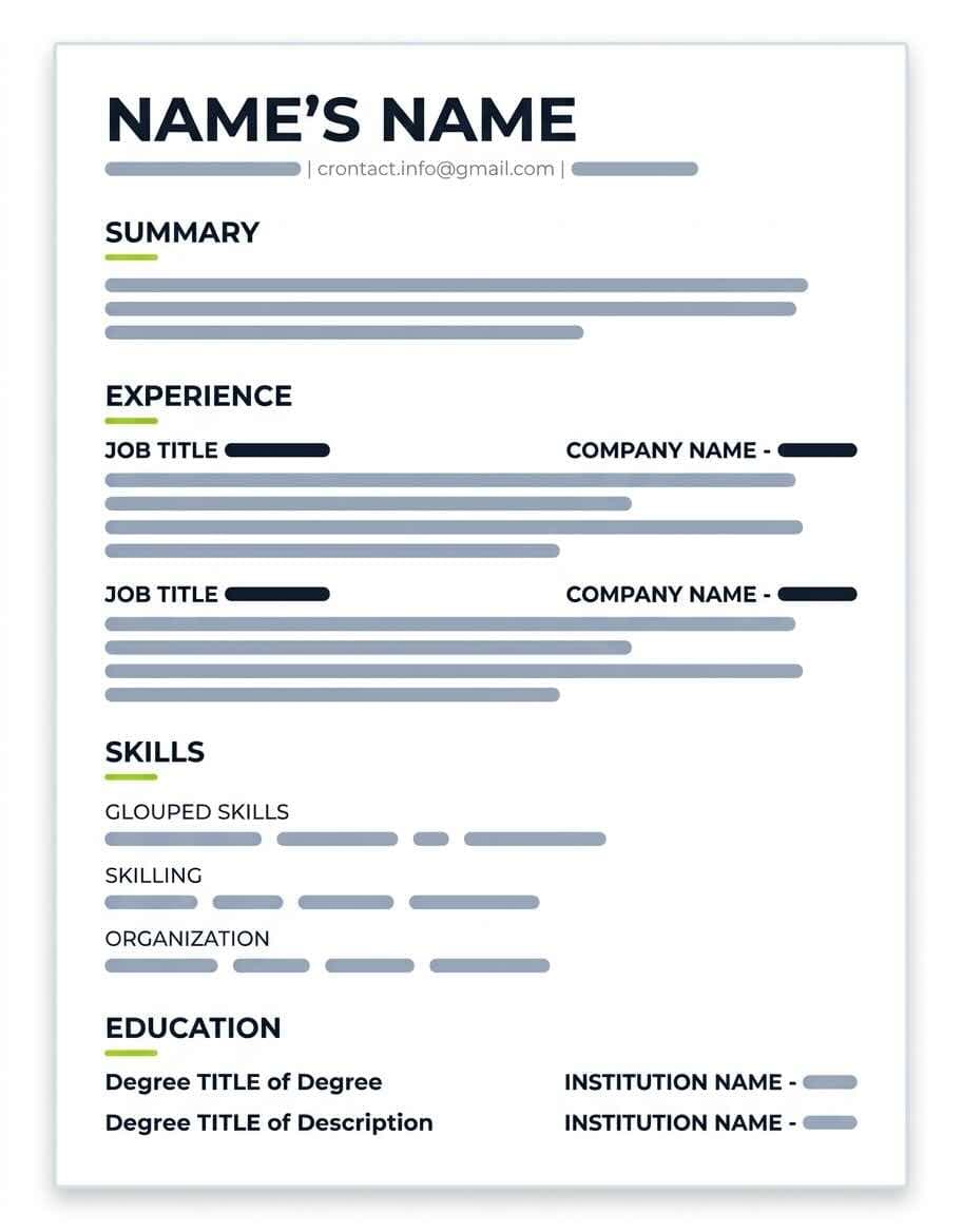 A stylized mockup of a single-column resume layout with sections for summary, experience, skills, and education, illustrating ATS-friendly structure.