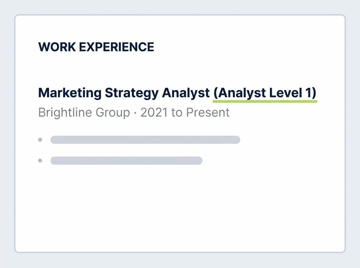 Resume excerpt showing a work experience entry with the dual-title format Marketing Strategy Analyst followed by Analyst Level 1 in parentheses, with the internal title underlined in lime green.
