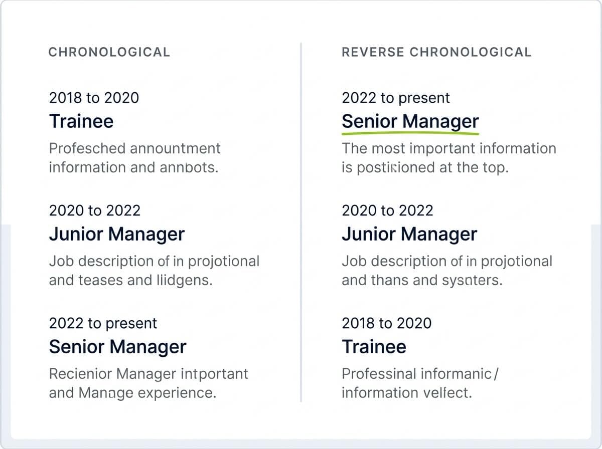 Side-by-side comparison of two CV excerpts, the left showing chronological order from oldest to newest and the right showing reverse-chronological order from newest to oldest, with the most recent position at the top right underlined in lime green.