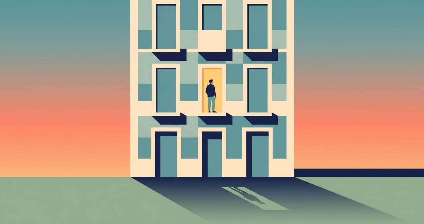 Illustration einer schlichten Lissaboner Hausfassade in der Abenddämmerung mit einem warm beleuchteten Fenster und einer kleinen Silhouette darin.