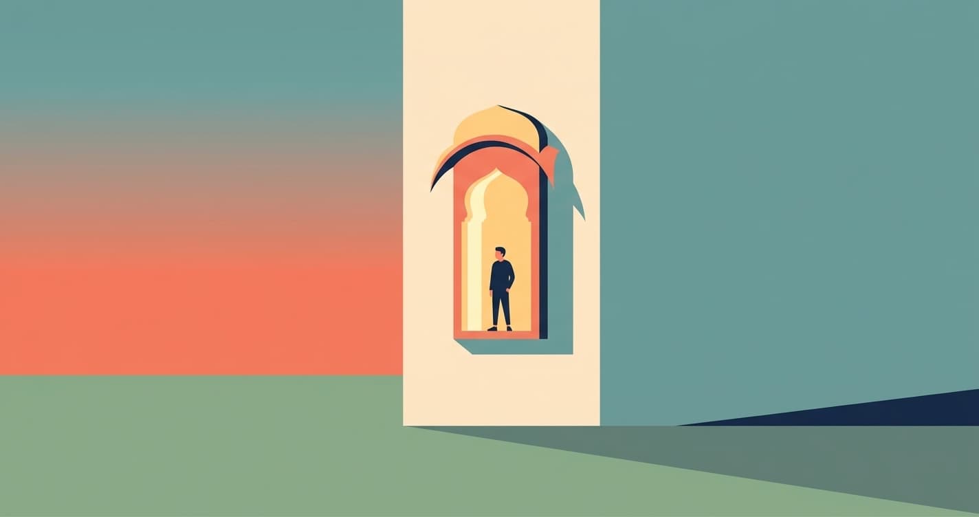 Illustration einer schlichten indischen Fassade in der Abenddämmerung mit einem warm beleuchteten Bogenfenster und einer kleinen Silhouette darin.