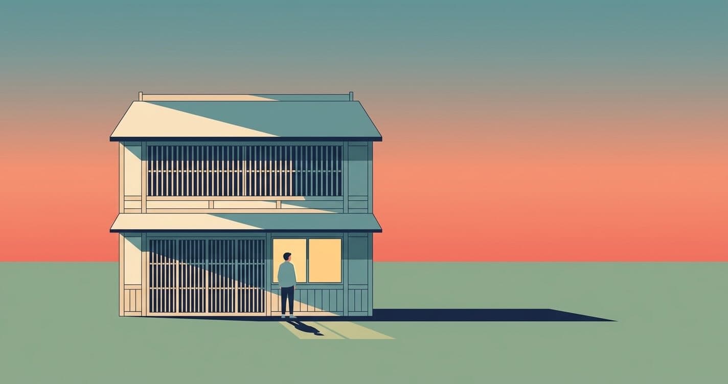 Illustration eines schlichten japanischen Stadthauses in der Abenddämmerung mit einem warm beleuchteten Fenster und einer kleinen Silhouette darin.
