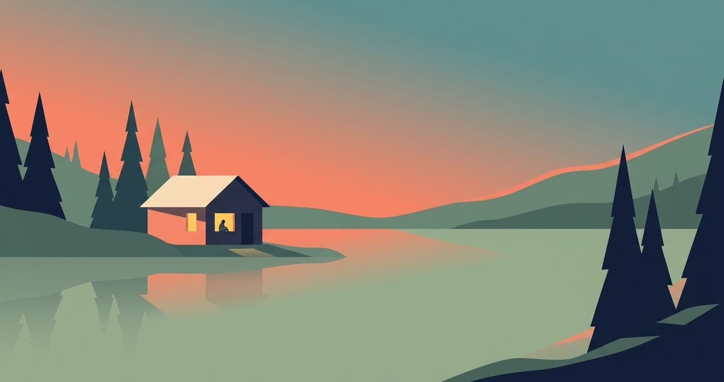Flat vector illustration of a lone cabin beside a calm mountain lake at dusk in coral, teal, and sage, with one warmly lit window and a small figure inside.